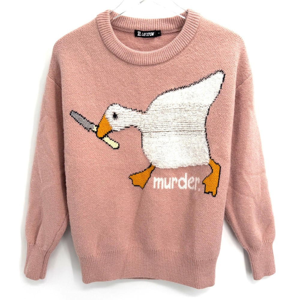 LAIXTON Murder Goose Knife Graphic Knit Sweater Size S Pink Humor Novelty